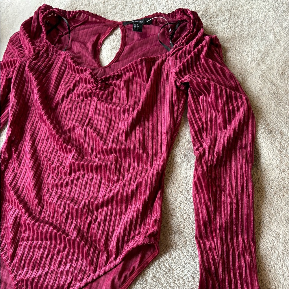 NWOT burgundy striped velvet bodysuit sweetheart neckline.